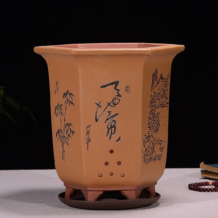 9" Deep Stunning Brown Hand-Carved Hexagonal Cascade Bonsai Pots