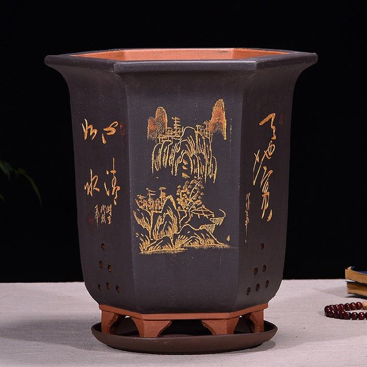 9" Deep Timeless Black Hand-Carved Hexagonal Cascade Bonsai Pots