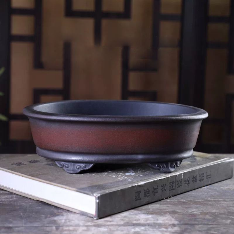 9 inch (23cm) Oval Unglazed Black-Brown Gradient Raised Cloud Feet Bonsai Pot