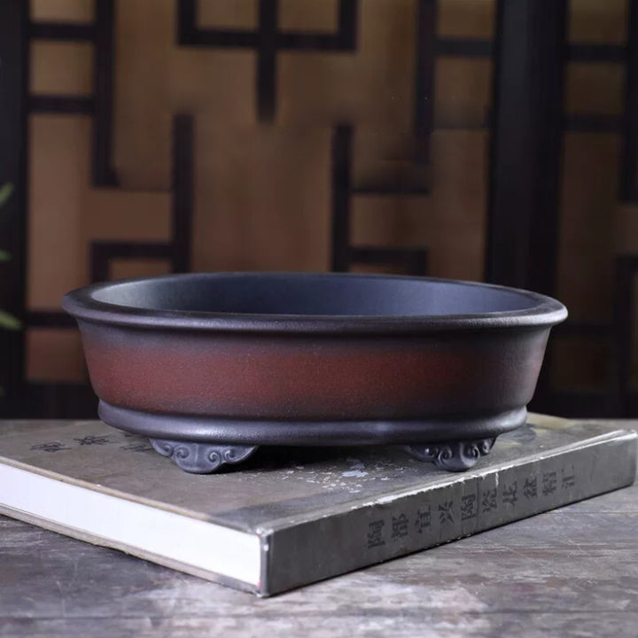 9 inch (23cm) Oval Unglazed Black-Brown Gradient Raised Cloud Feet Bonsai Pot