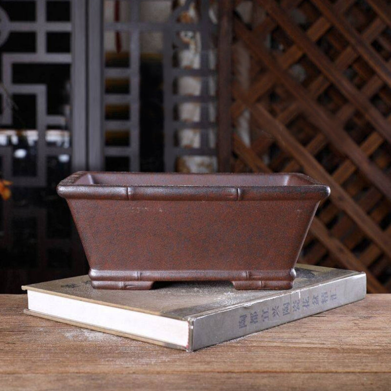 9 inch (23cm) Flared Rectangle Unglazed Wood-Fired Deep Bonsai Pot w Bamboo-Joint Style Bands