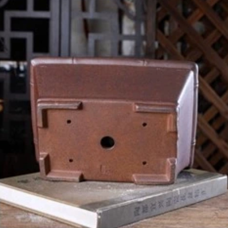9 inch (23cm) Flared Rectangle Unglazed Wood-Fired Deep Bonsai Pot w Bamboo-Joint Style Bands Bottom View
