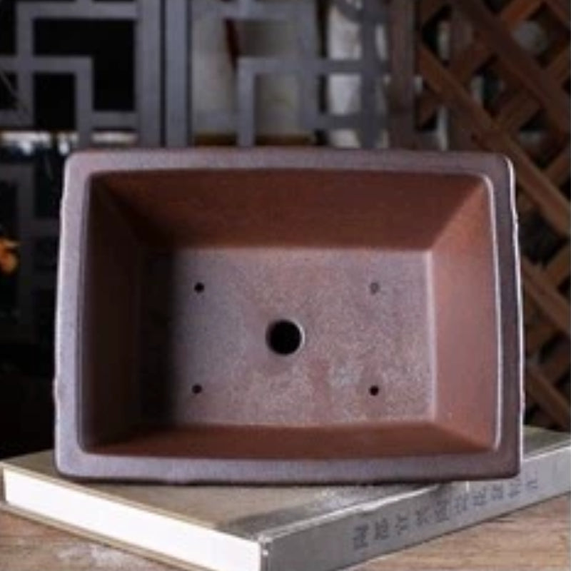 9 inch (23cm) Flared Rectangle Unglazed Wood-Fired Deep Bonsai Pot w Bamboo-Joint Style Bands Inner View