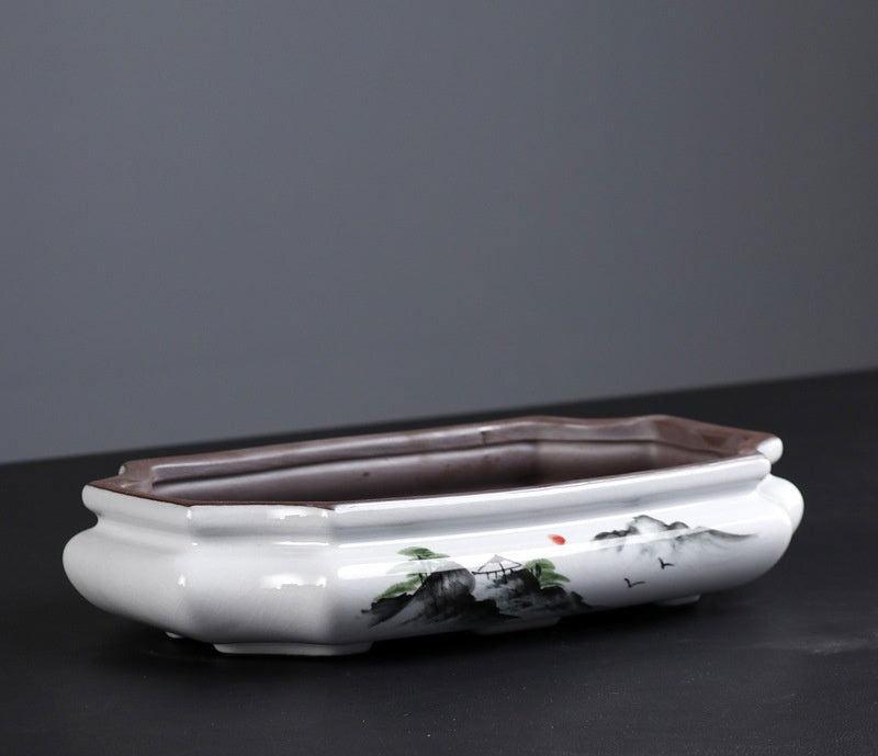 9" Large Painted Corner-Cut Rectangular Bonsai Pots - Potscape