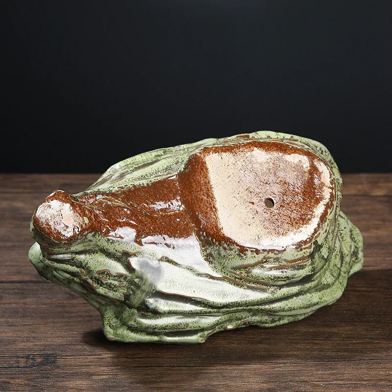 9 inch (23 cm) Unique Handmade Glazed Bonsai Pot in Organic Form Bottom View