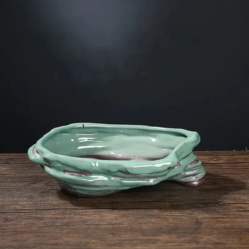 9 inch (23 cm) Unique Handmade Glazed Bonsai Pot in Organic Form Green Color