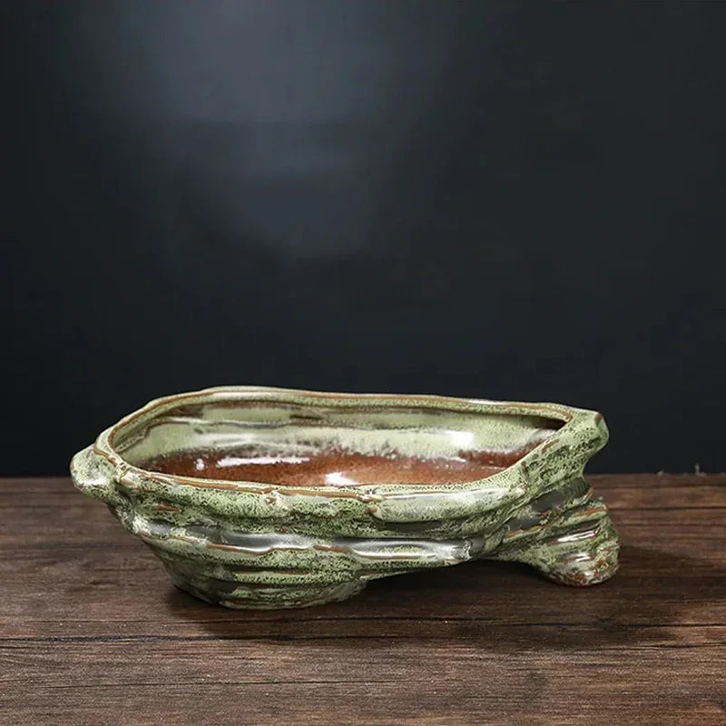 9 inch (23 cm) Unique Handmade Glazed Bonsai Pot in Organic Form Patina Green Color