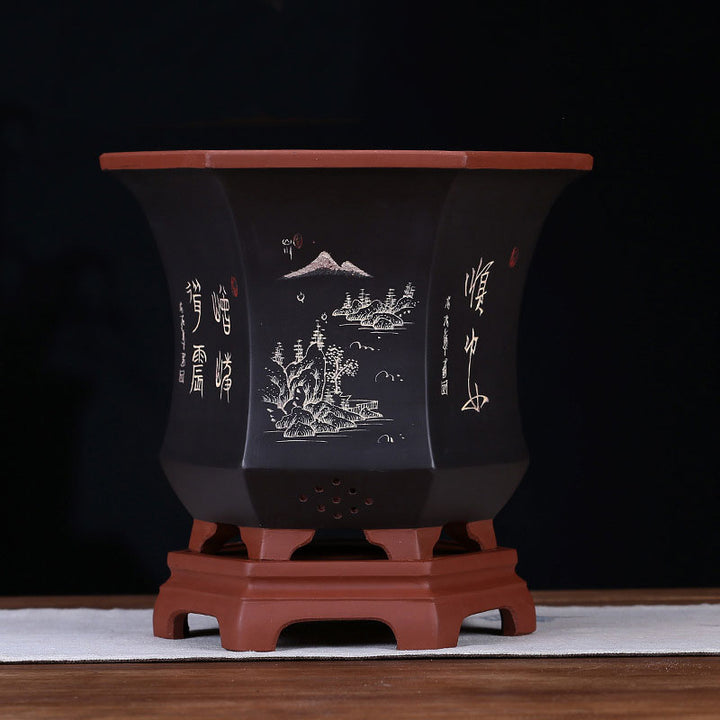 9 inch (23cm) Deep Flared Hexagonal Premium Poetic Style Cascade Bonsai Pots Black Color