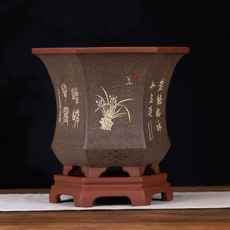 9 inch (23cm) Deep Flared Hexagonal Premium Poetic Style Cascade Bonsai Pots Brown Color