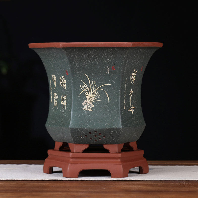 9 inch (23cm) Deep Flared Hexagonal Premium Poetic Style Cascade Bonsai Pots Green Color