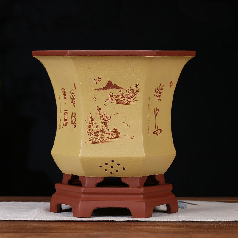9 inch (23cm) Deep Flared Hexagonal Premium Poetic Style Cascade Bonsai Pots Yellow Color