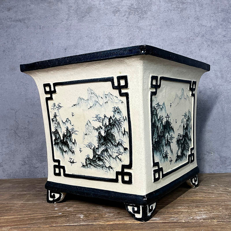9 inch (23cm) Deep Hand-Painted Square Cascade/Semi Cascade Bonsai Pot Corner View
