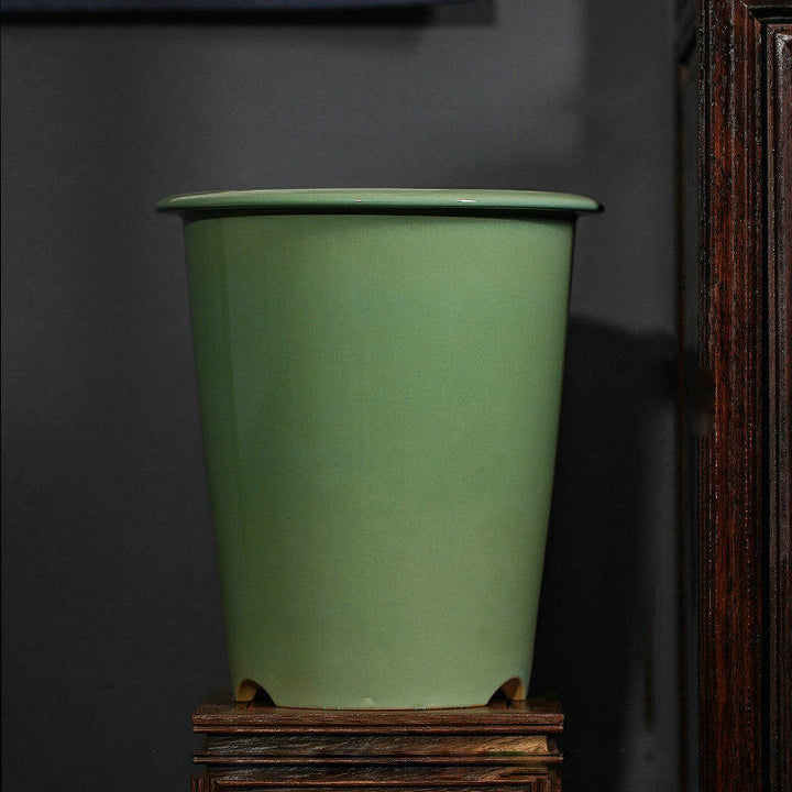 9 inch (23cm) Deep Round Green Glazed Handmade Cascade Bonsai Pot