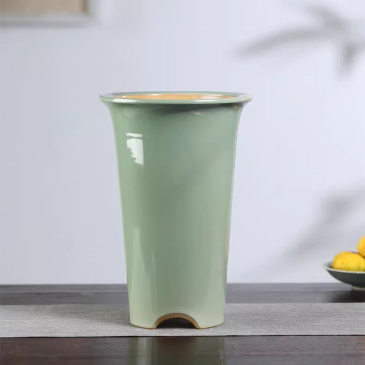 9 inch (23cm) Deep Round Smooth Green Glazed Ceramic Cascade Bonsai Pot