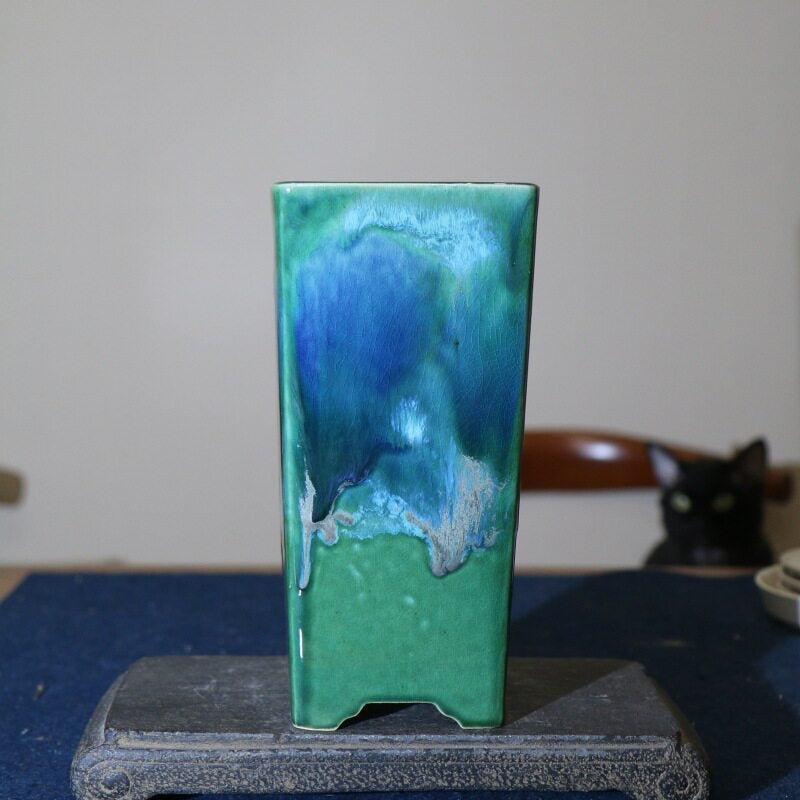 9 inch (23cm) Deep Square Green-Blue Multicolor Glaze Cascade Bonsai Pot