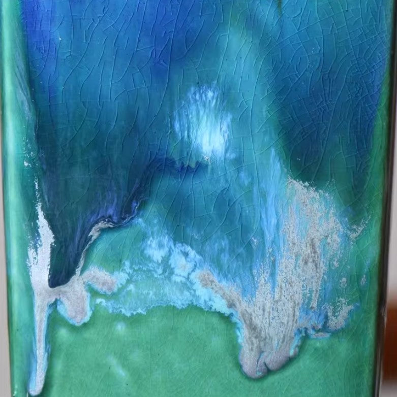 9 inch (23cm) Deep Square Green-Blue Multicolor Glaze Cascade Bonsai Pot Close Shot