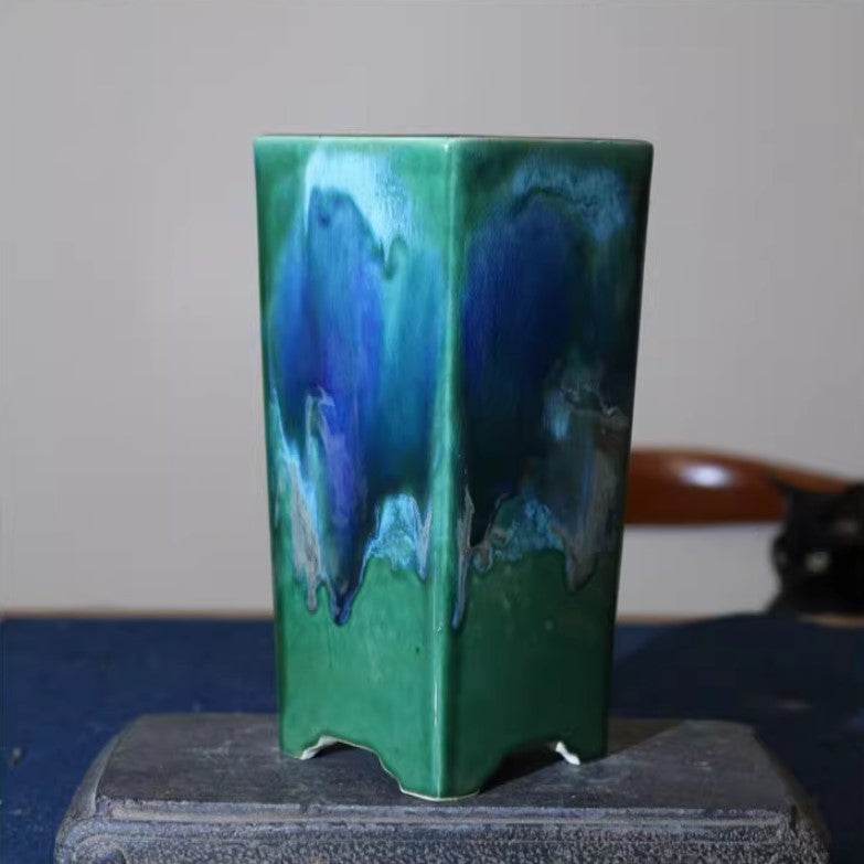 9 inch (23cm) Deep Square Green-Blue Multicolor Glaze Cascade Bonsai Pot Corner View