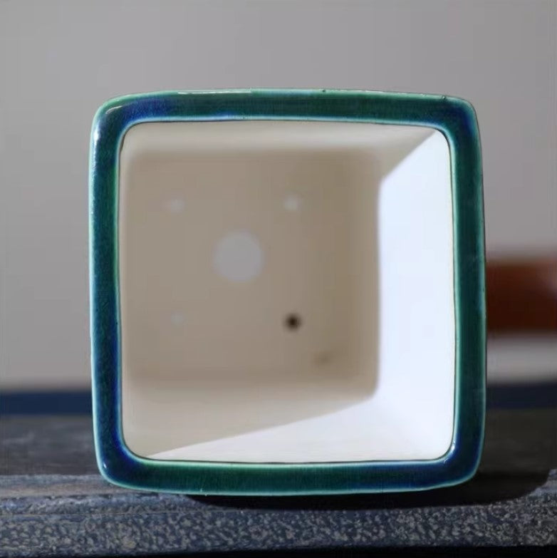 9 inch (23cm) Deep Square Green-Blue Multicolor Glaze Cascade Bonsai Pot Inner View