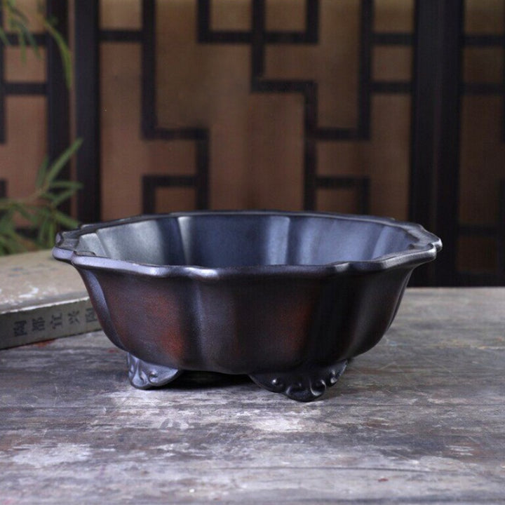 9 inch (23cm) Flared Lotus-Shaped Gradient Finish Antique Style Unglazed Bonsai Pot w Cloud Feet