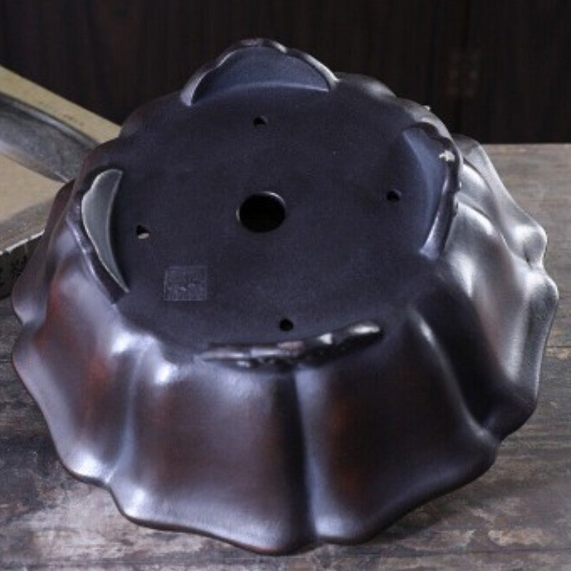 9 inch (23cm) Flared Lotus-Shaped Gradient Finish Antique Style Unglazed Bonsai Pot w Cloud Feet Outside View