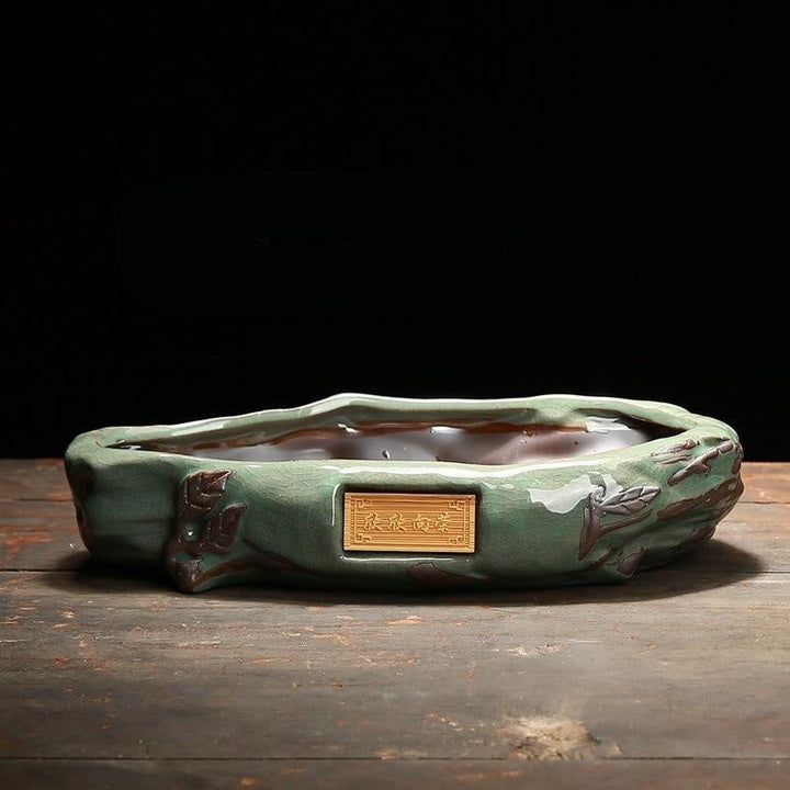 9 inch (23cm) Green Cracked Glaze Unique Bonsai Pot w Branch & Leaf Detailing