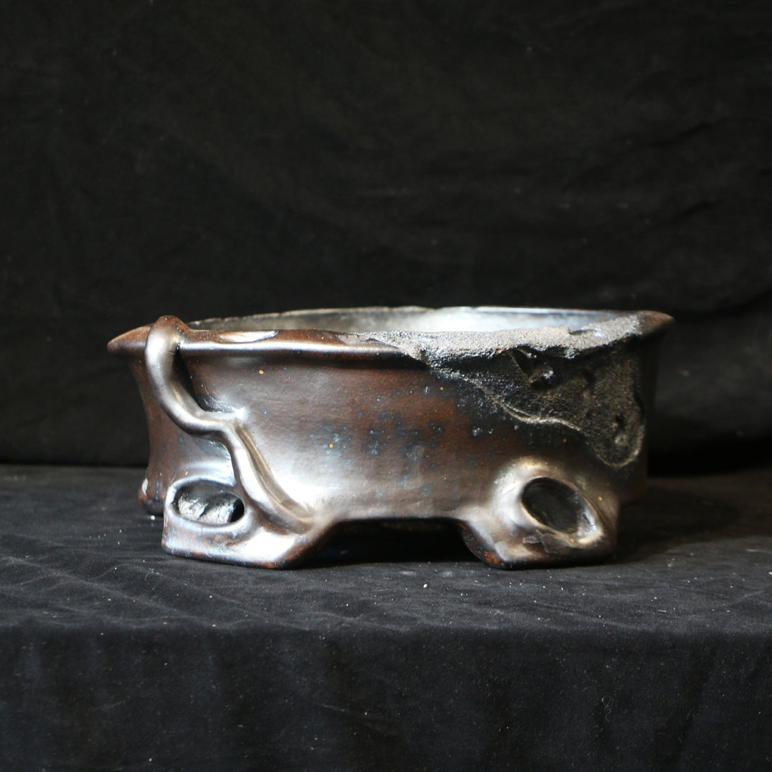 9 inch (23cm) Irregular Round Wood-Fired Bonsai Pot w Eroded Stone-Like Texture & Sculptural Feet