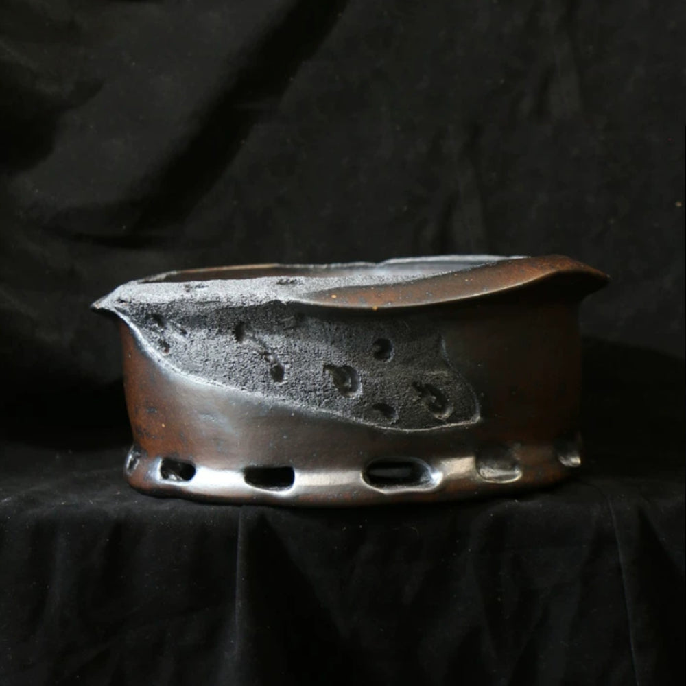 9 inch (23cm) Round Irregular Eroded Stone-Like Textured Bonsai Pot w Cutout Ring-Like Feet