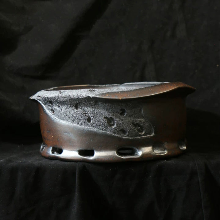 9 inch (23cm) Round Irregular Eroded Stone-Like Textured Bonsai Pot w Cutout Ring-Like Feet