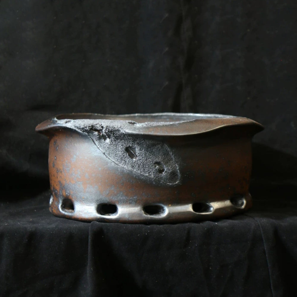 9 inch (23cm) Round Irregular Eroded Stone-Like Textured Bonsai Pot w Cutout Ring-Like Feet