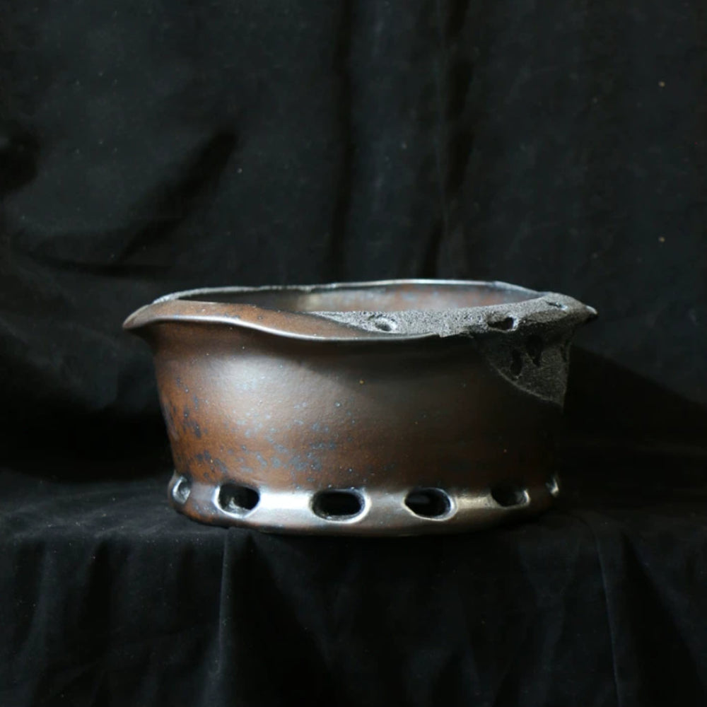 9 inch (23cm) Round Irregular Eroded Stone-Like Textured Bonsai Pot w Cutout Ring-Like Feet