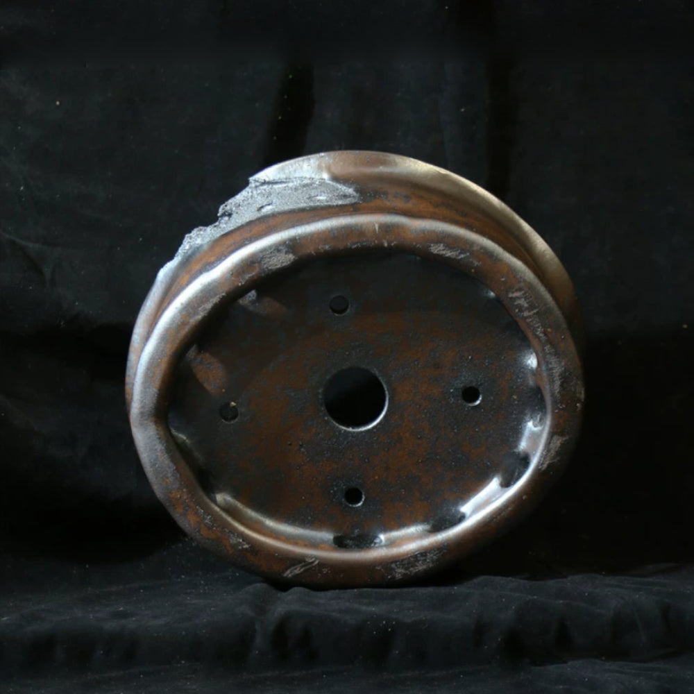 9 inch (23cm) Round Irregular Eroded Stone-Like Textured Bonsai Pot w Cutout Ring-Like Feet Bottom View