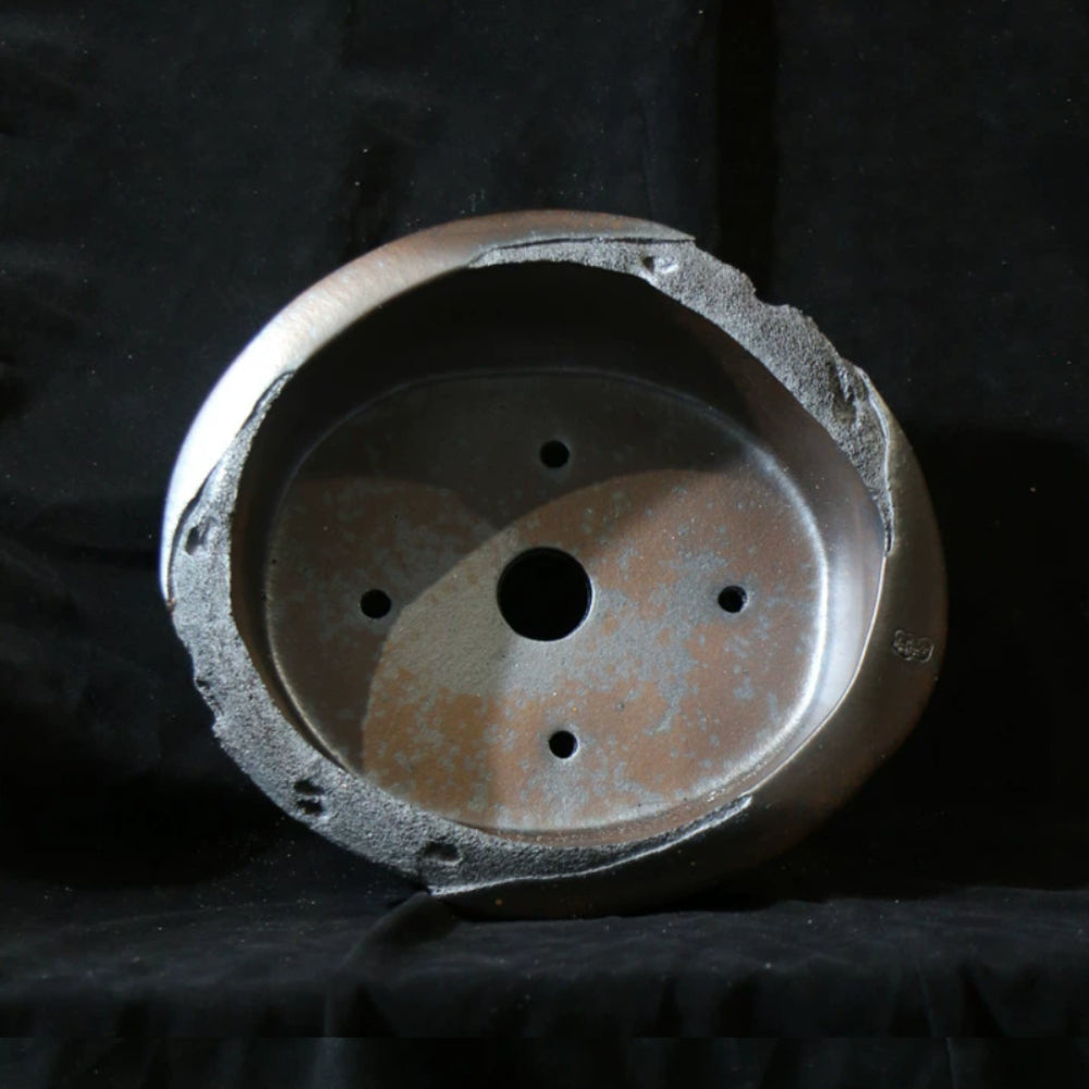 9 inch (23cm) Round Irregular Eroded Stone-Like Textured Bonsai Pot w Cutout Ring-Like Feet Inner View