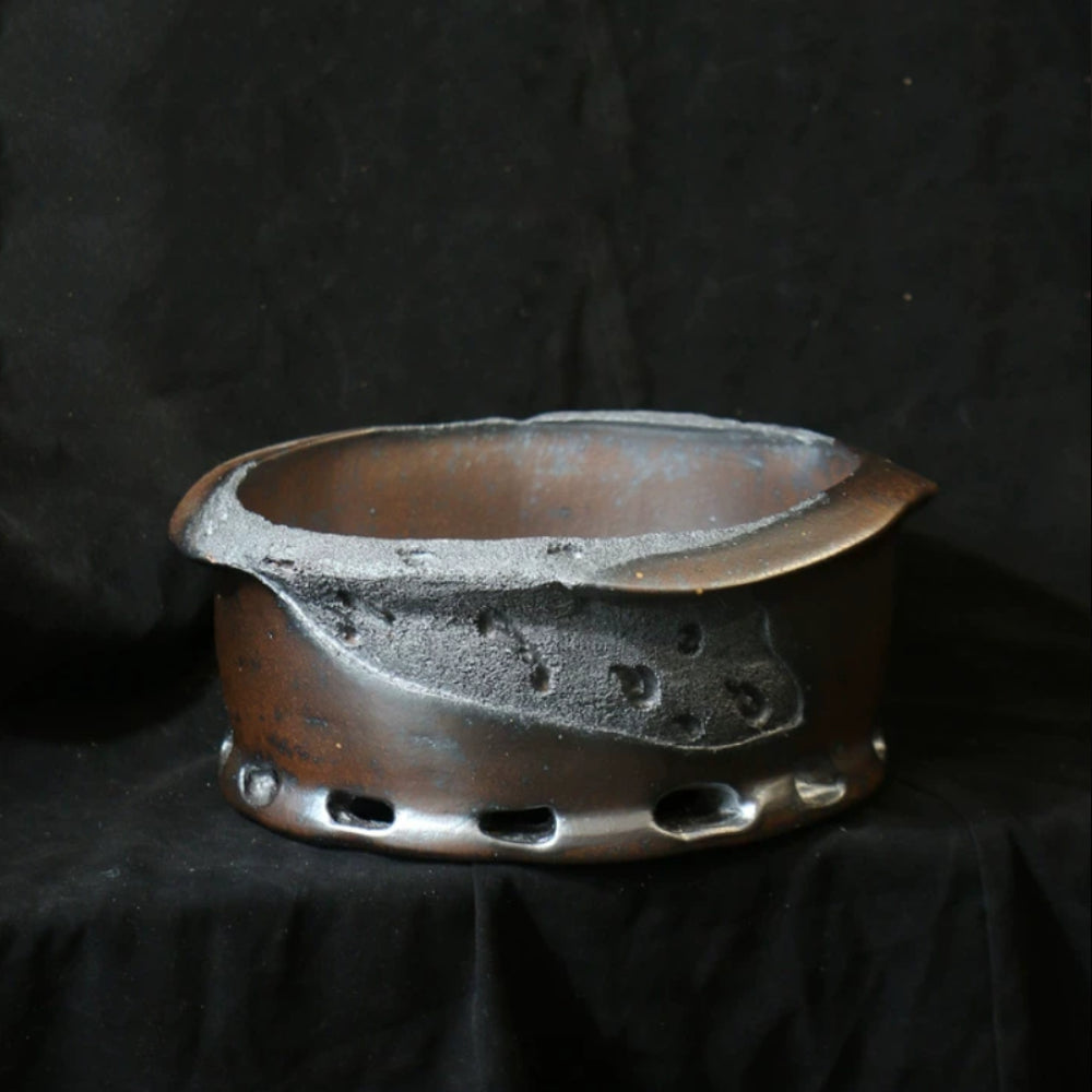 9 inch (23cm) Round Irregular Eroded Stone-Like Textured Bonsai Pot w Cutout Ring-Like Feet Top View