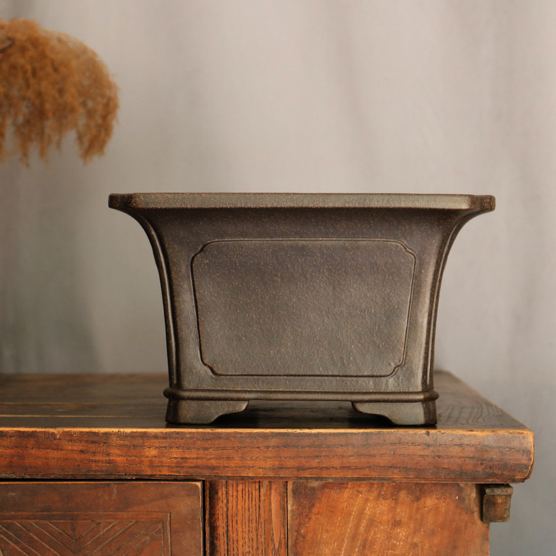9 inch (23cm) Wide, 5.5 inch (14cm) Deep Flared Square Black Semi Cascade Bonsai Pot