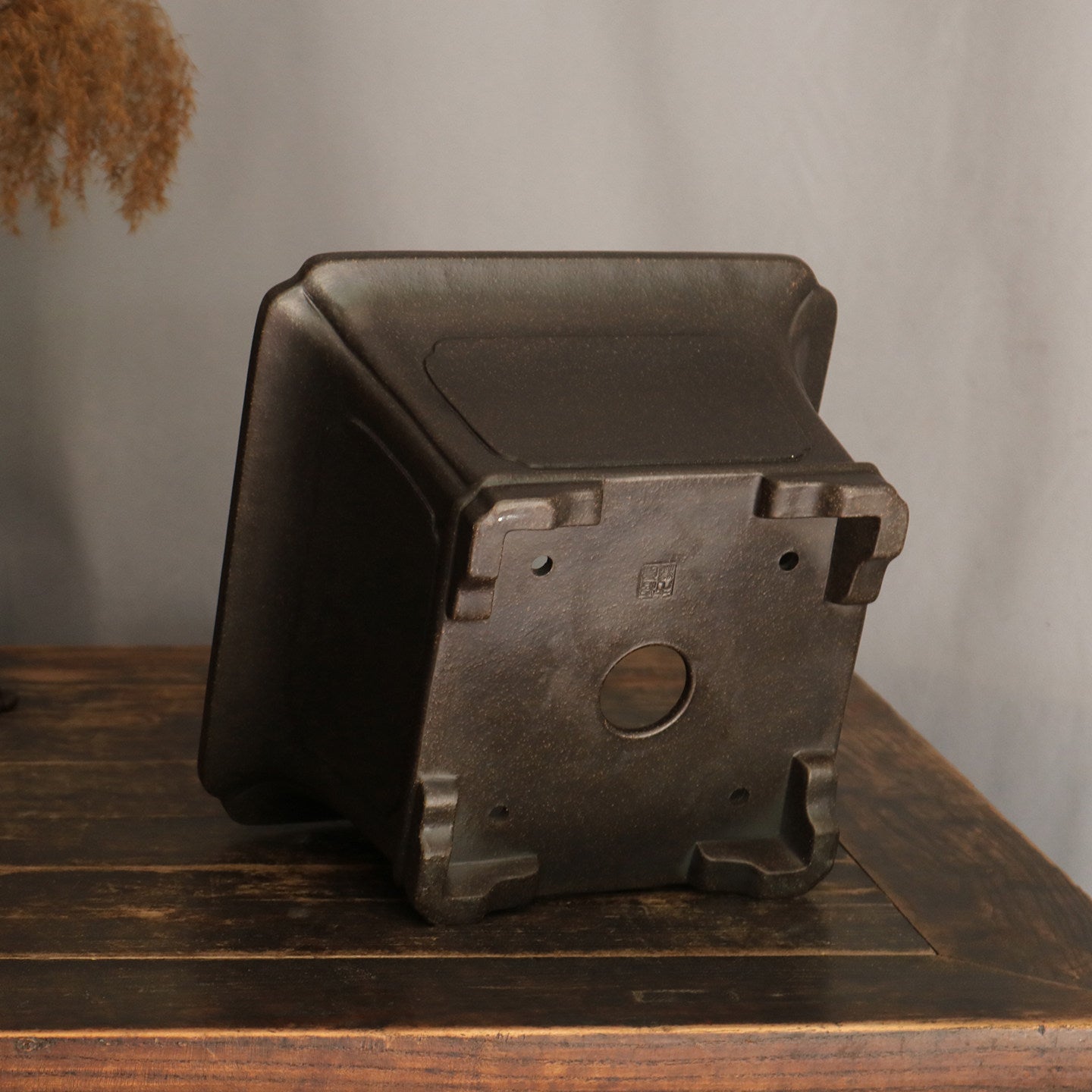 9 inch (23cm) Wide, 5.5 inch (14cm) Deep Flared Square Black Semi Cascade Bonsai Pot Bottom View