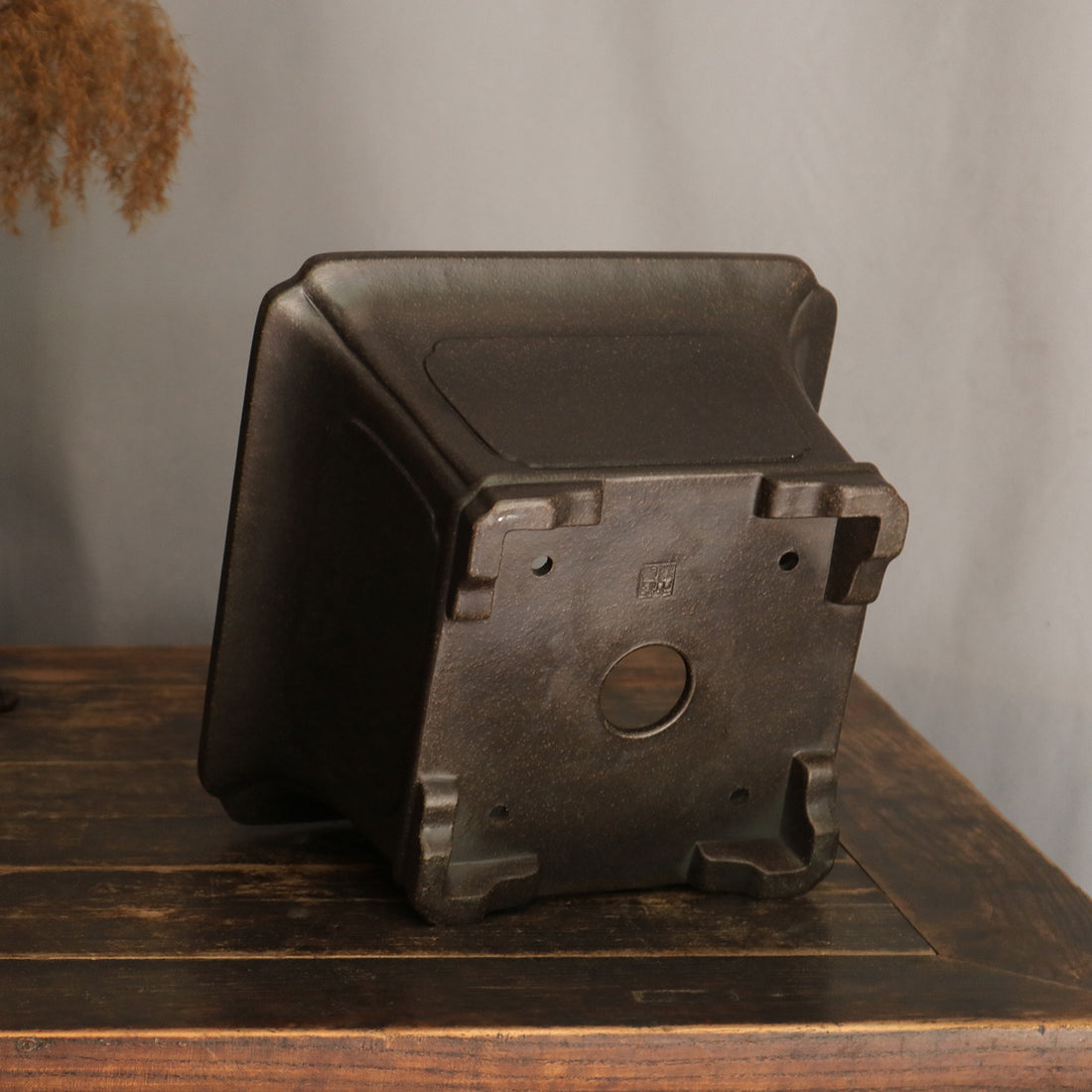 9 inch (23cm) Wide, 5.5 inch (14cm) Deep Flared Square Black Semi Cascade Bonsai Pot Bottom View