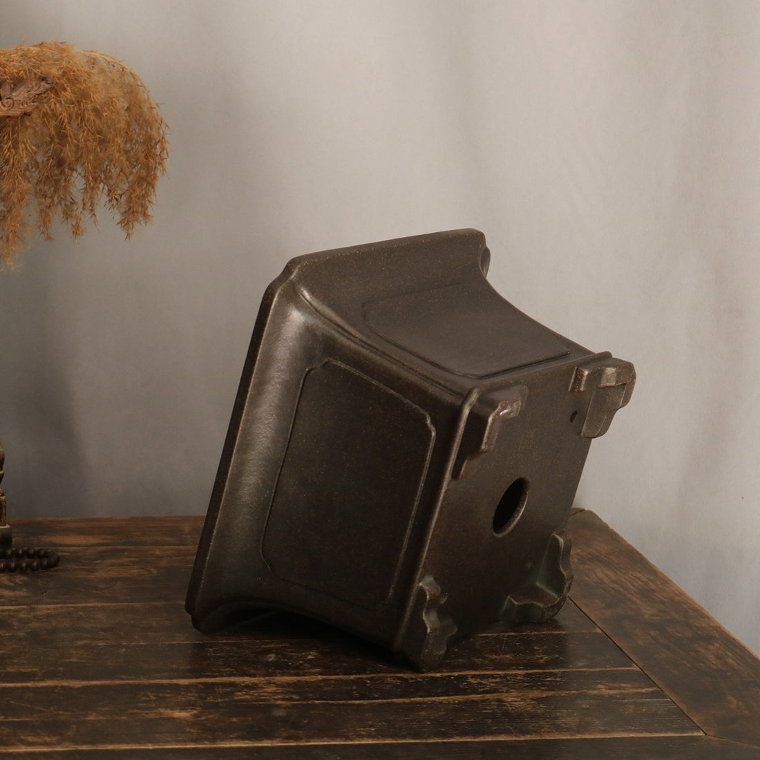9 inch (23cm) Wide, 5.5 inch (14cm) Deep Flared Square Black Semi Cascade Bonsai Pot Bottom View