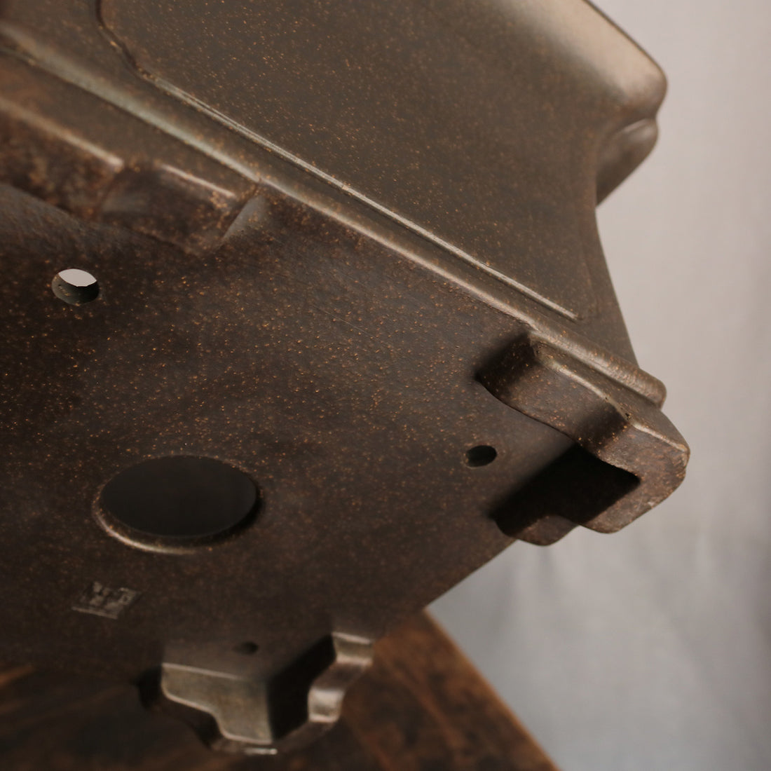 9 inch (23cm) Wide, 5.5 inch (14cm) Deep Flared Square Black Semi Cascade Bonsai Pot Bottom View Close Shot