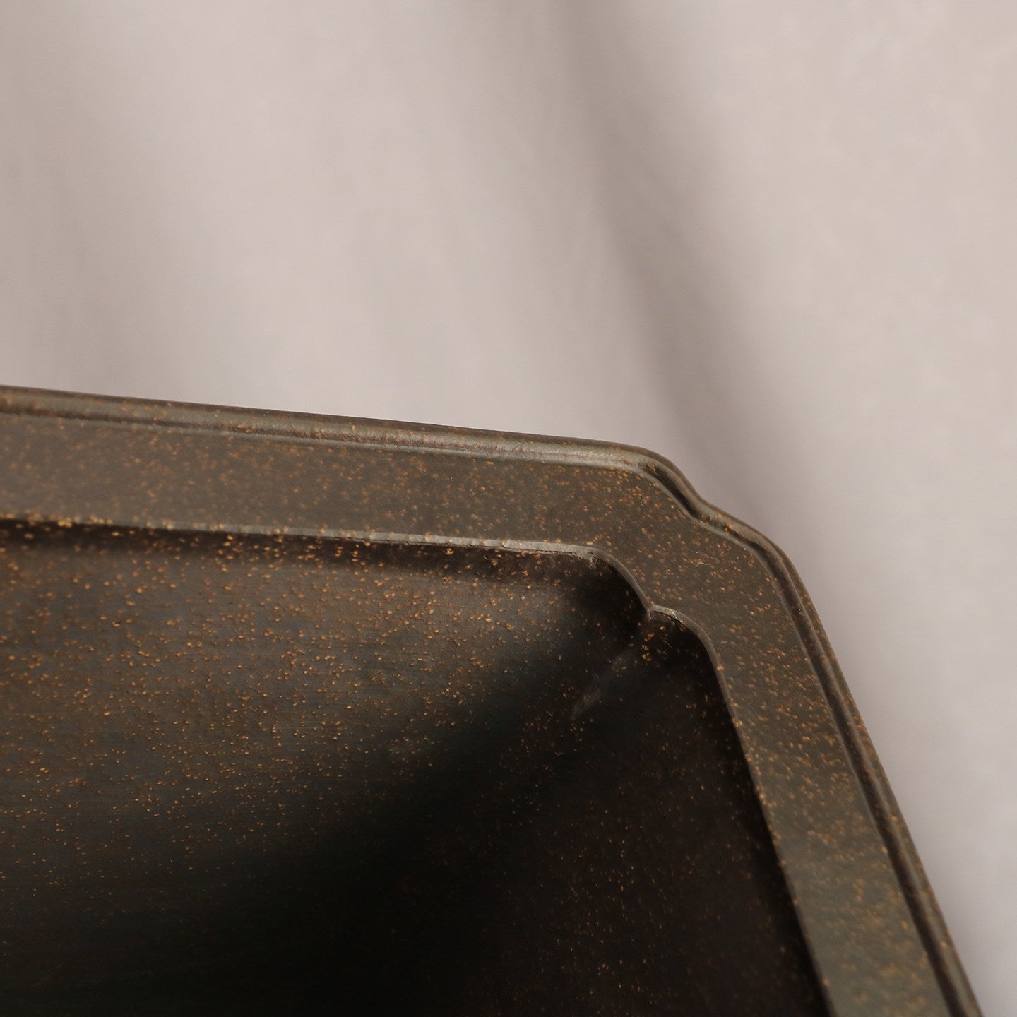 9 inch (23cm) Wide, 5.5 inch (14cm) Deep Flared Square Black Semi Cascade Bonsai Pot Close Shot