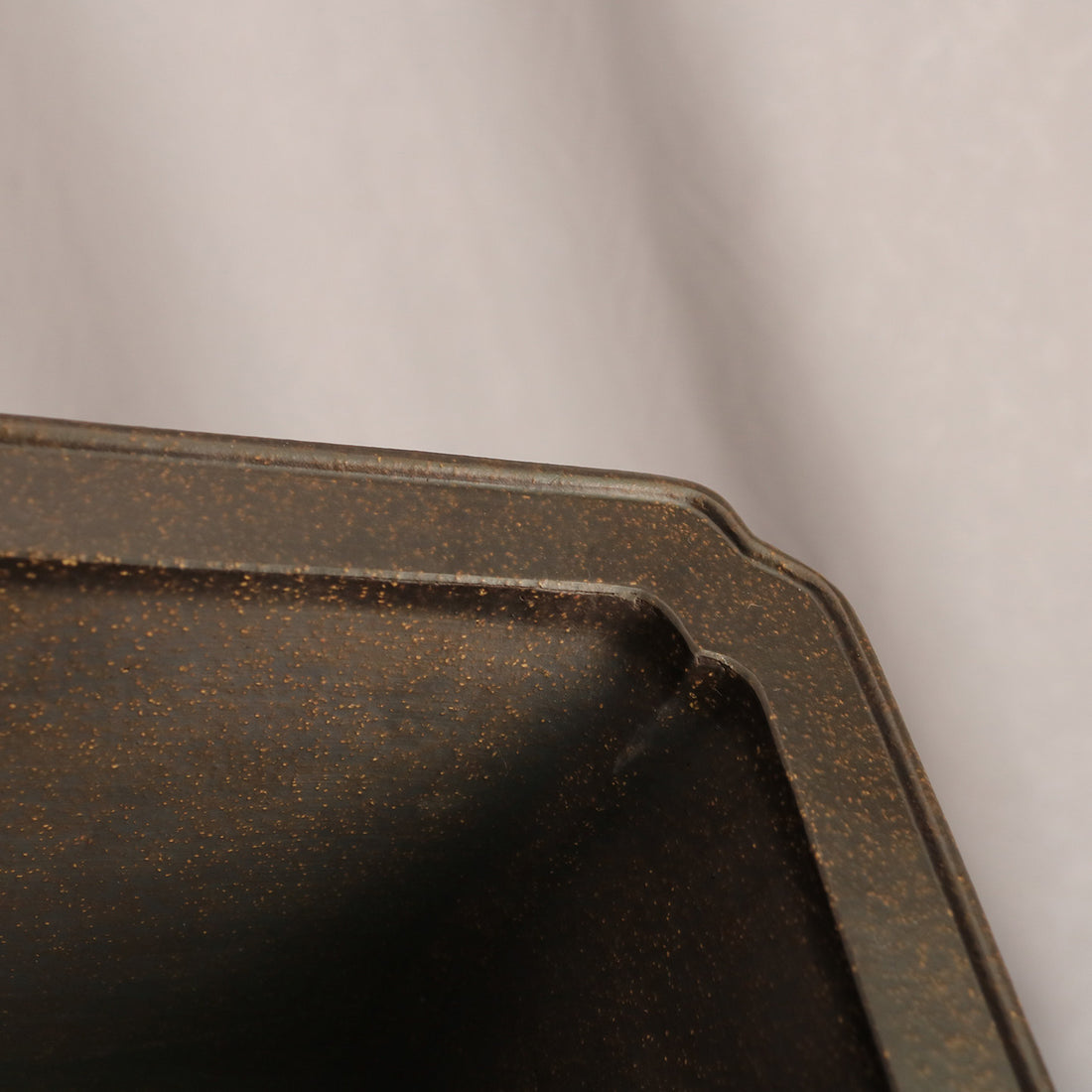 9 inch (23cm) Wide, 5.5 inch (14cm) Deep Flared Square Black Semi Cascade Bonsai Pot Close Shot