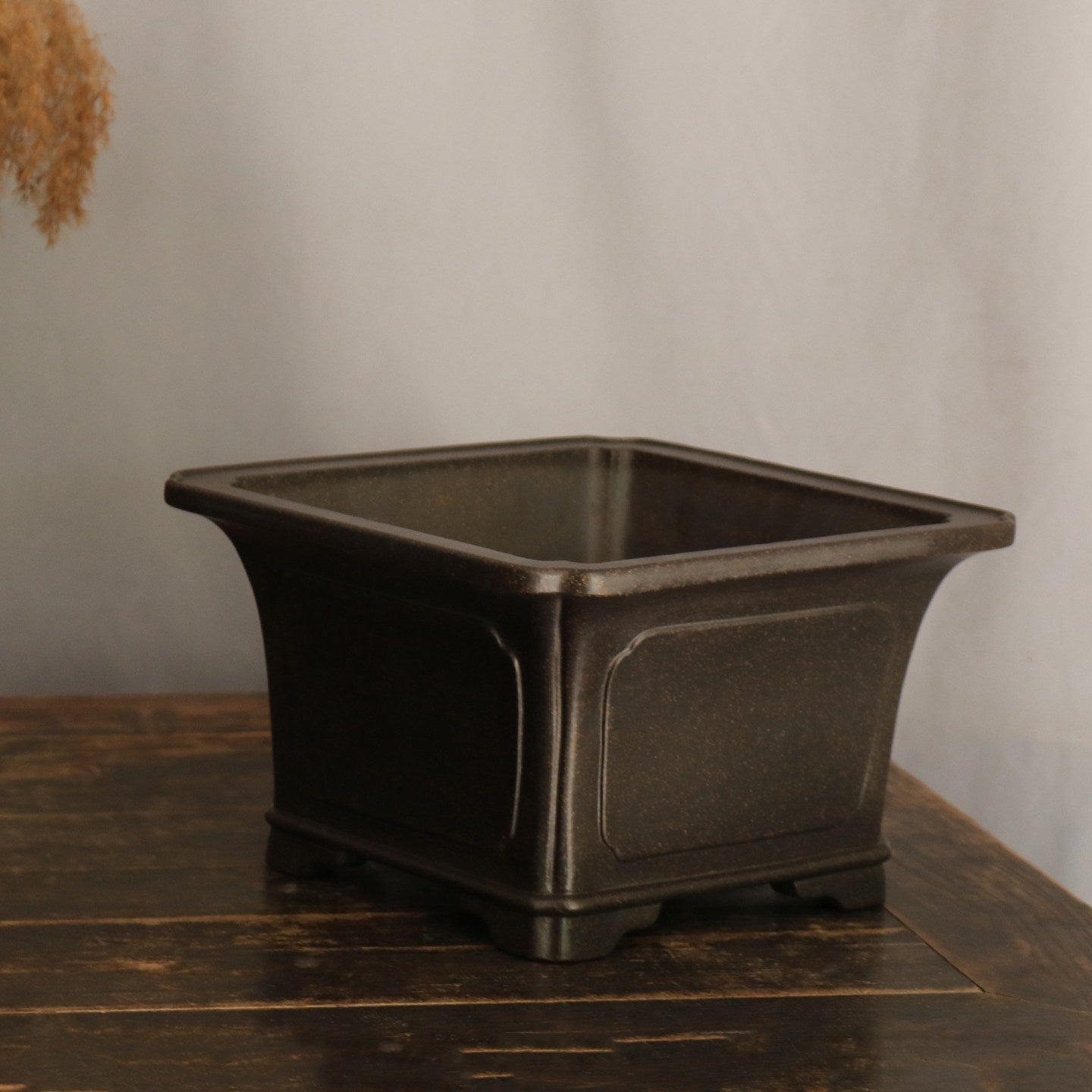 9 inch (23cm) Wide, 5.5 inch (14cm) Deep Flared Square Black Semi Cascade Bonsai Pot Corner View