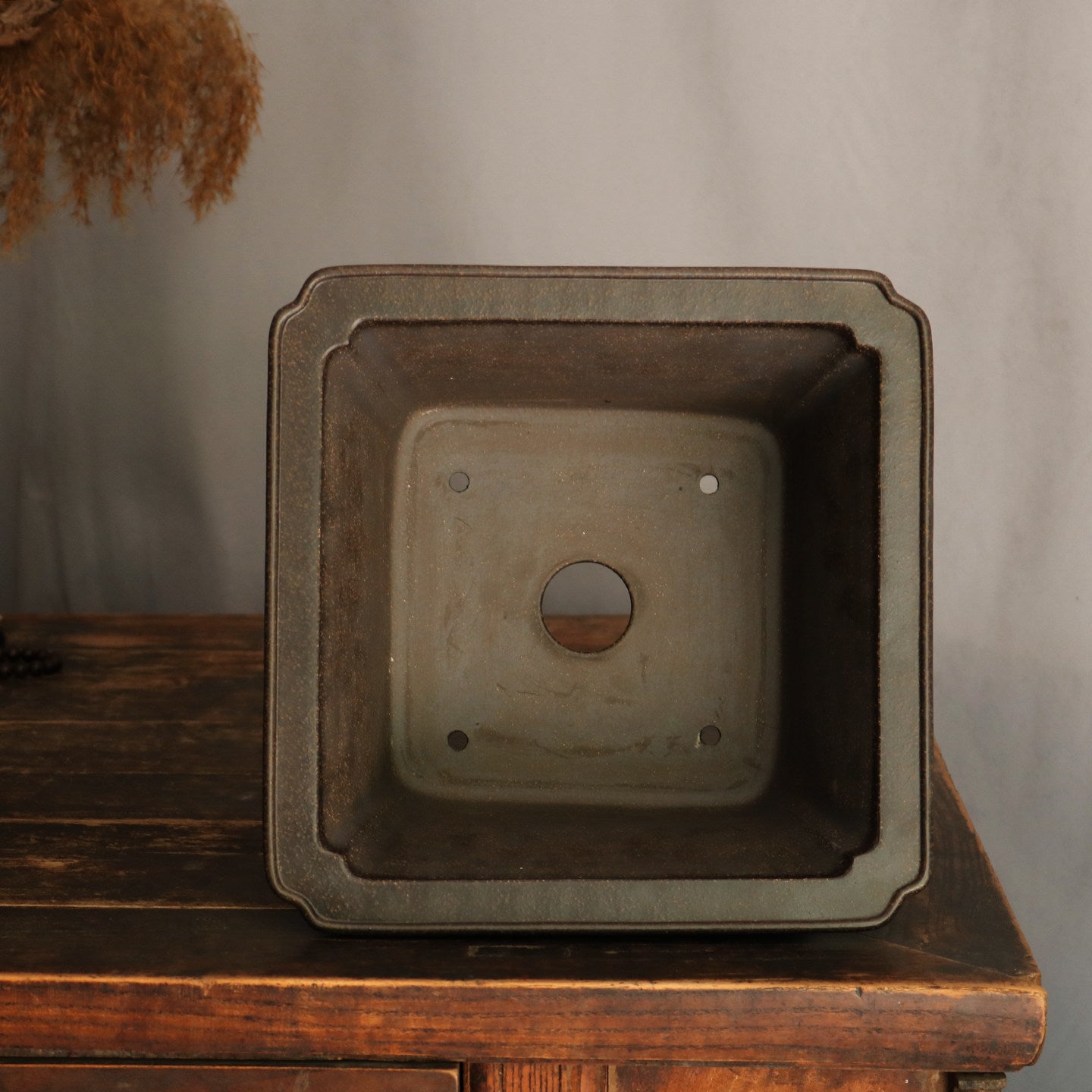 9 inch (23cm) Wide, 5.5 inch (14cm) Deep Flared Square Black Semi Cascade Bonsai Pot Inner View