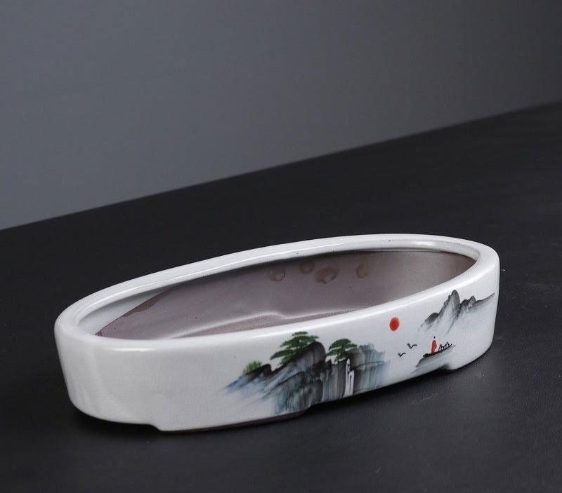 9" Large Oval Painted Shallow Bonsai Pots - Potscape