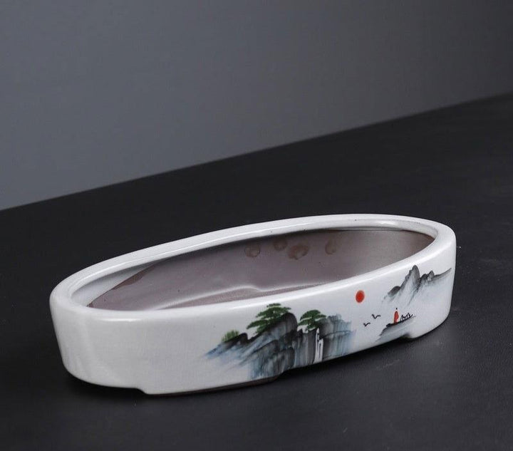 9" Large Oval Painted Shallow Bonsai Pots - Potscape