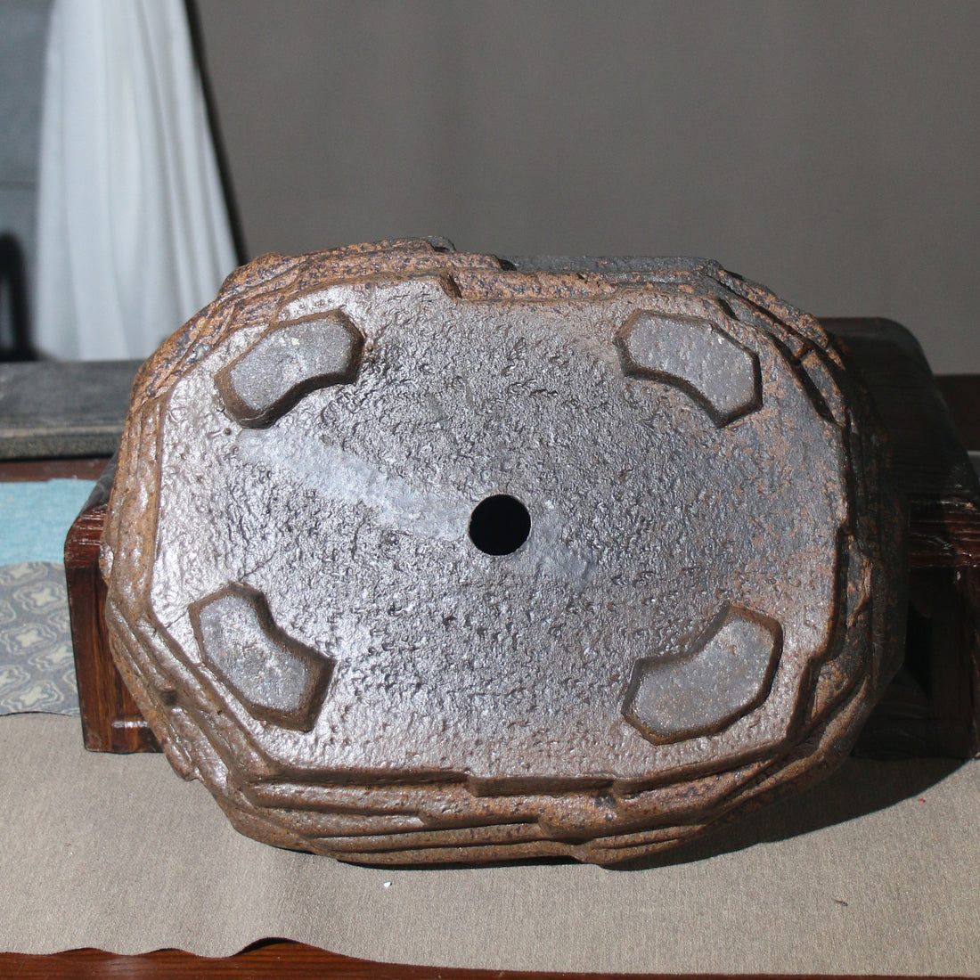 13.9" (35.5cm) Large Rustic Stone-Like Abstract Handmade Bonsai Pot Bottom View