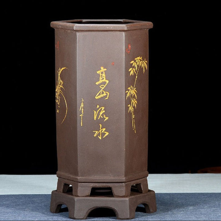 Traditional 12" Elegant Hand-Carved Hexagonal Cascade Bonsai Pot w Stand