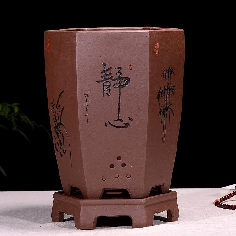 Traditional 9" Deep Hand-Carved Hexagonal Cascade Bonsai Pot w Stand